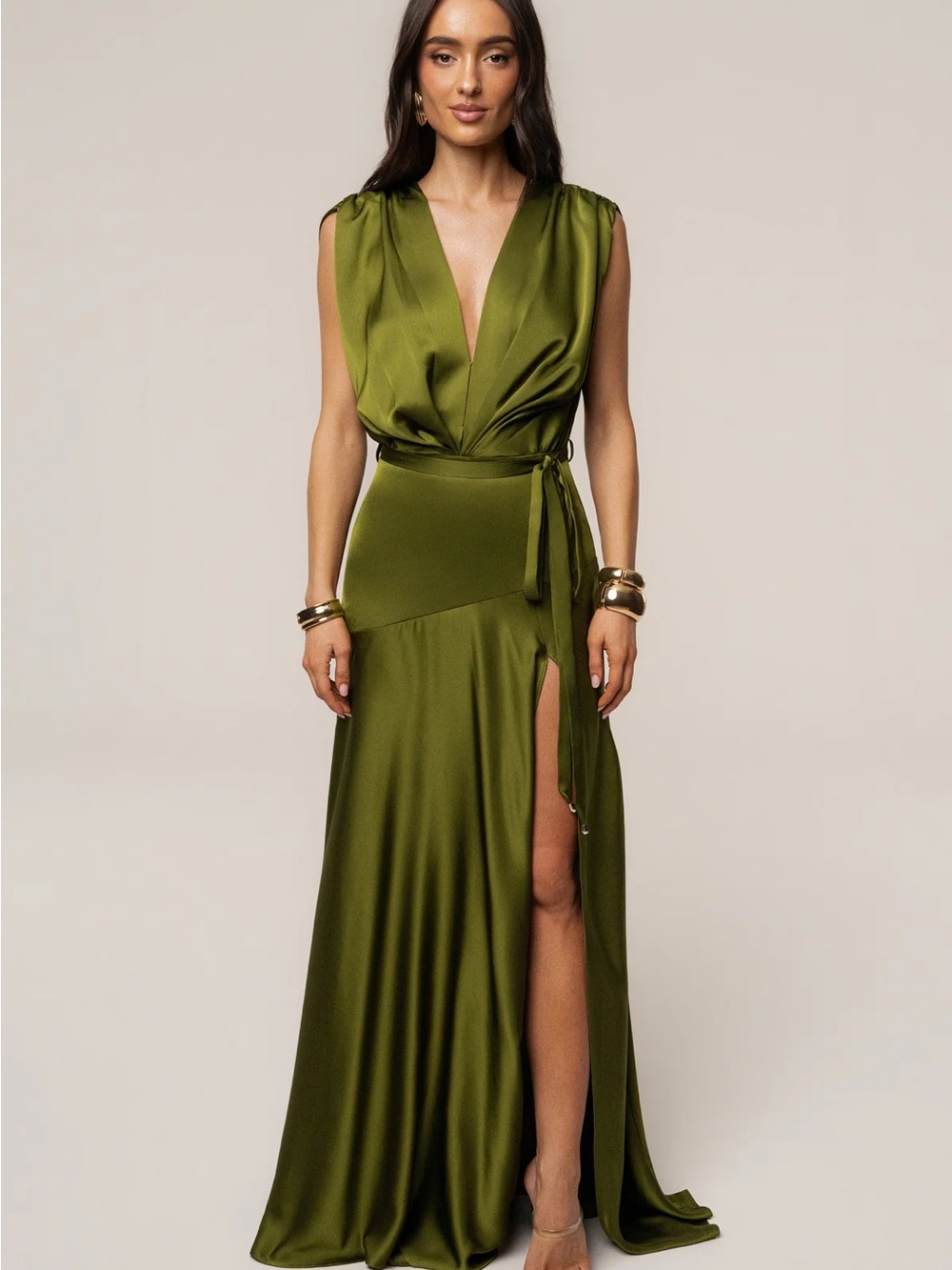 JLUXLABEL Olive Wrap Satin Maxi Dress